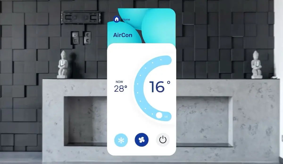 Smart home AirCon app screen showing temperature control over a living room