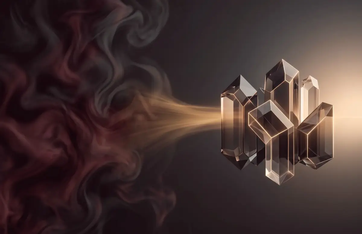 Swirling dark smoke flowing into a cluster of glowing glass crystals