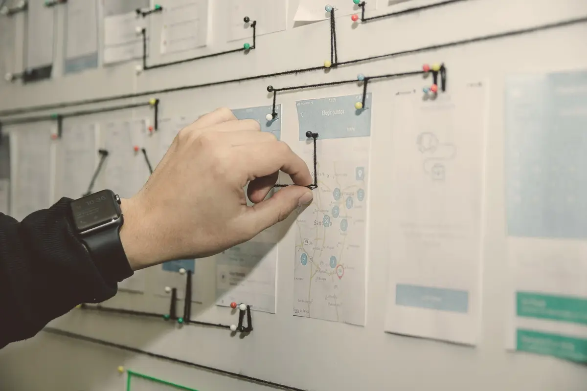 A hand pinning yarn between app screen printouts on a process map wall