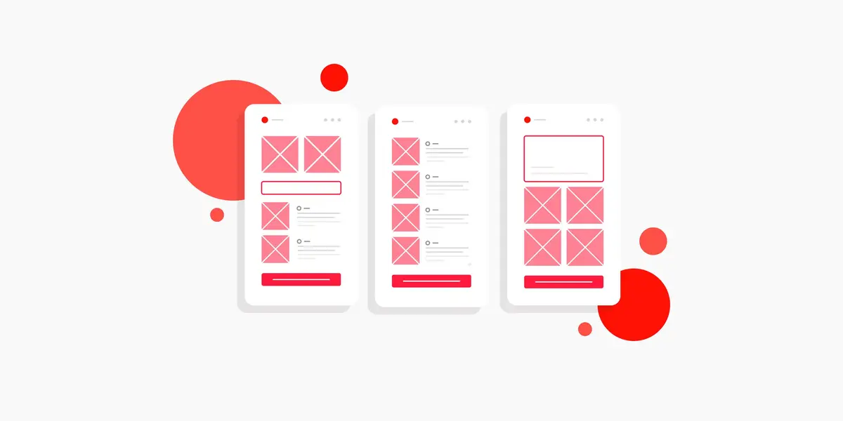 Three wireframe mobile app layouts with pink placeholder images and red circles