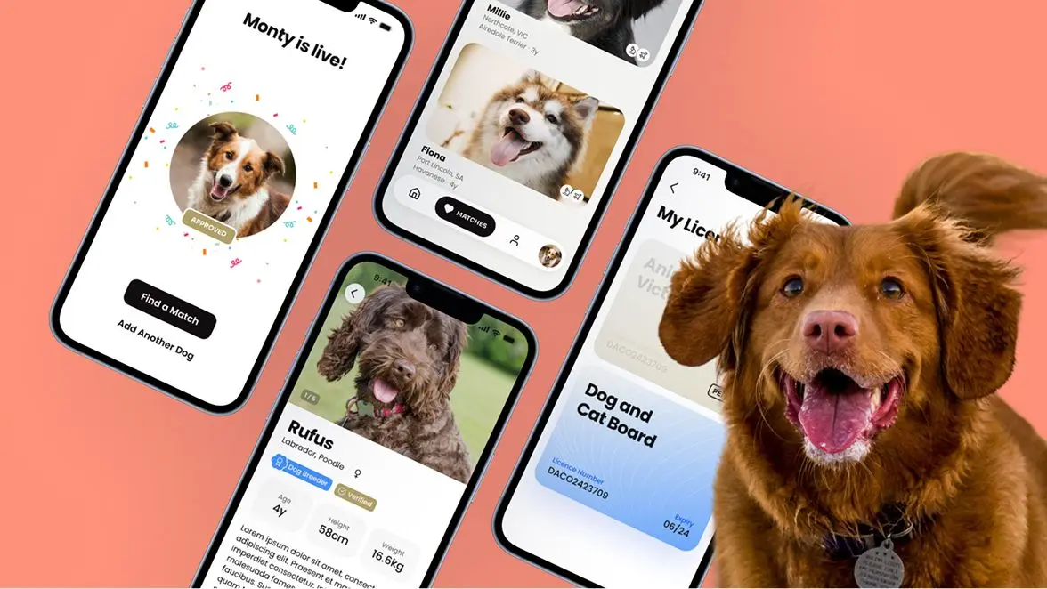 Dog breeding app screens on phones beside a happy brown dog