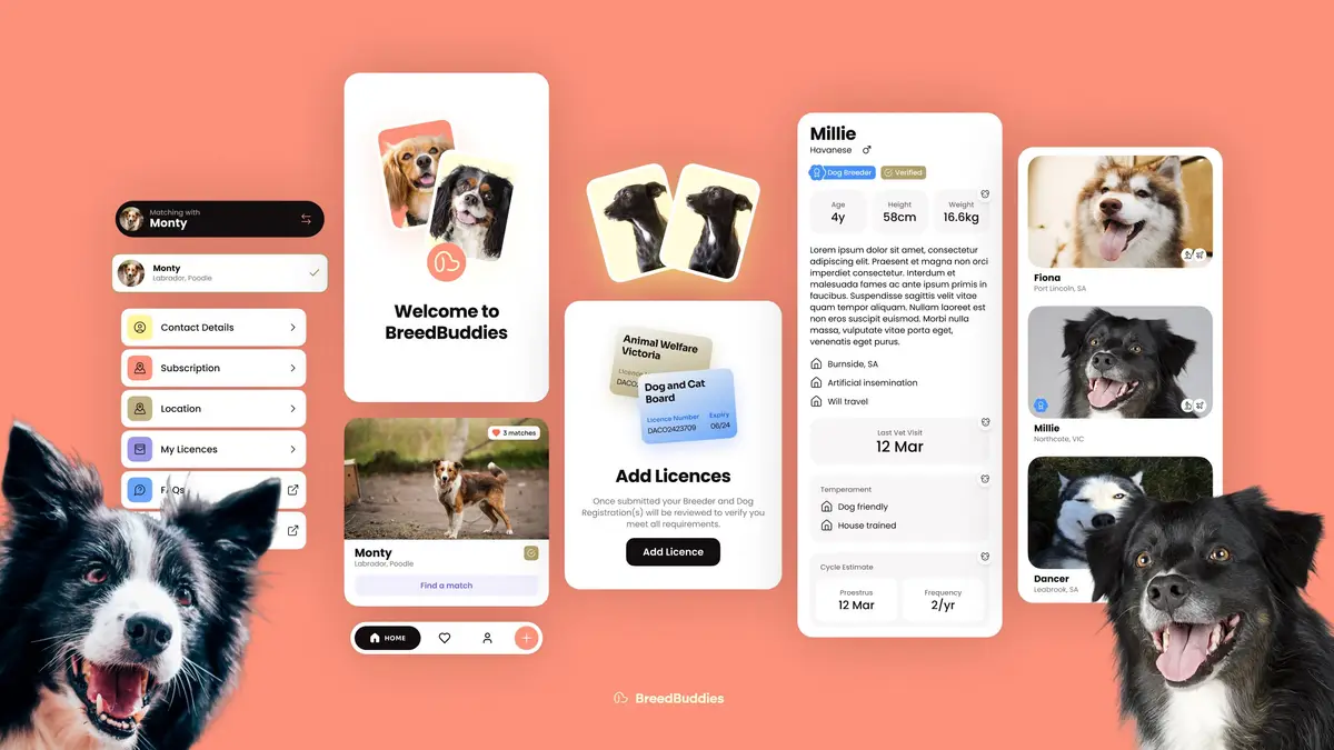 BreedBuddies app screens with dog profiles and licence cards on a coral background