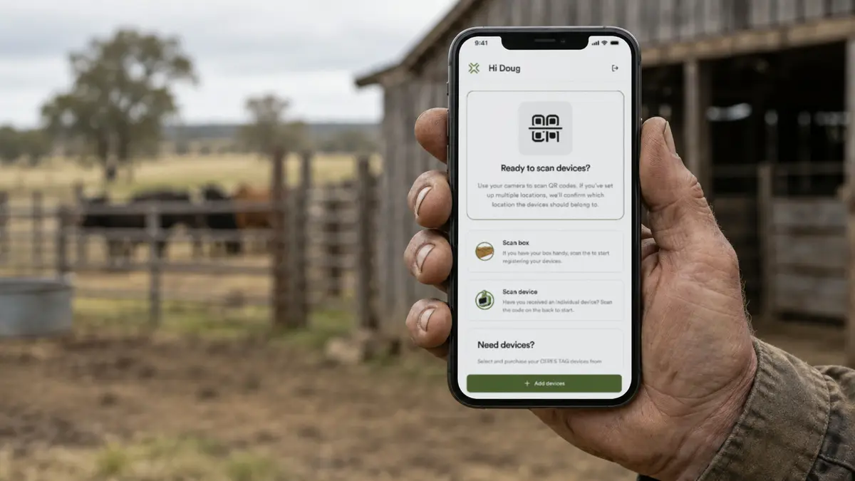 Hand holding a phone showing a Ceres Tag device scanning app on a farm