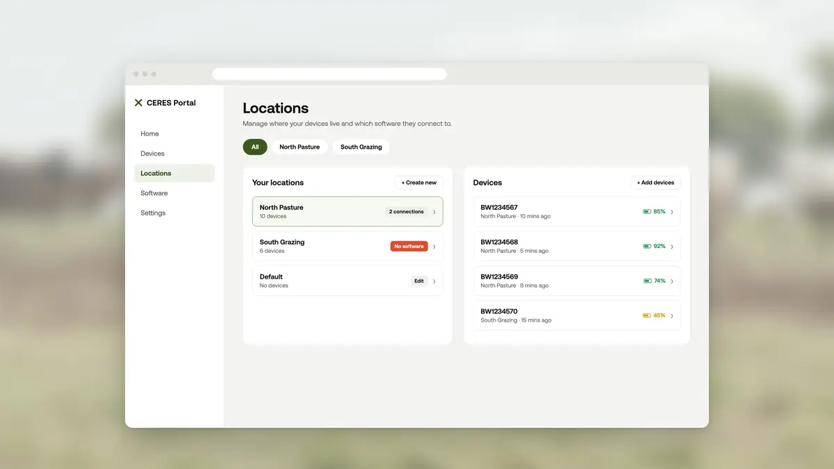 CERES Portal web app showing locations and connected livestock tag devices