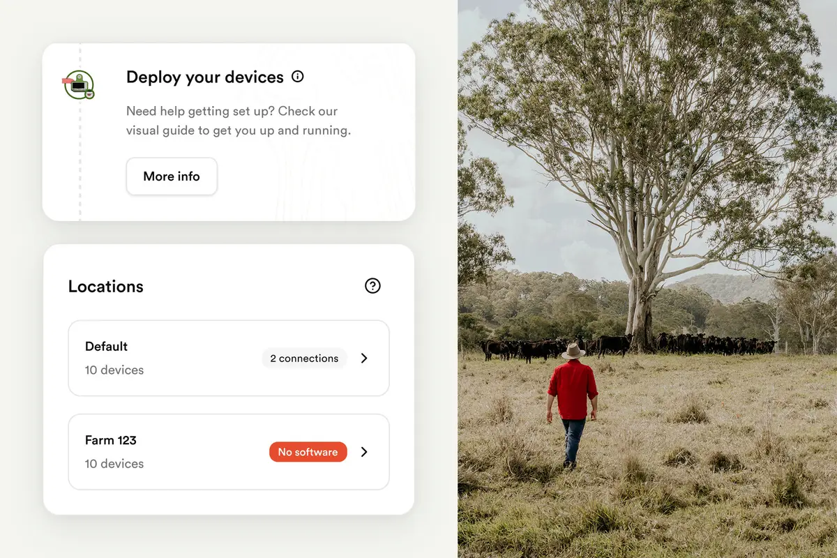 Ceres Tag device locations screen beside a farmer walking toward cattle