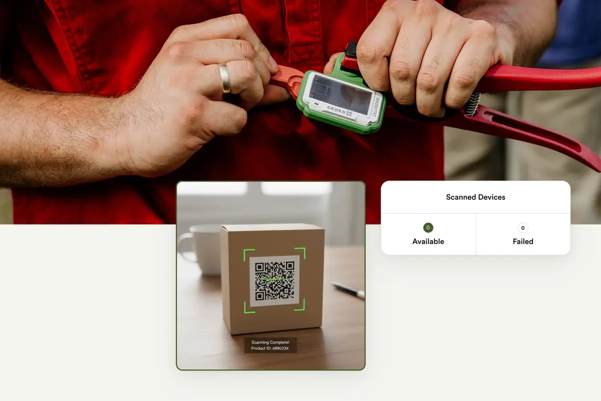 Hands applying a CERES tag with pliers, plus app scan screens