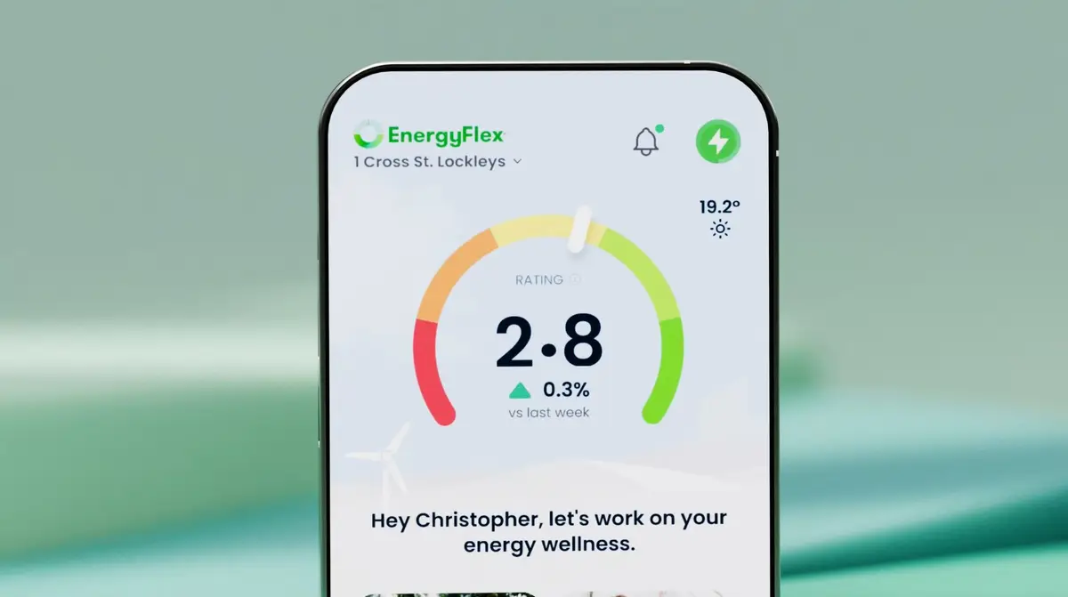 EnergyFlex app on a phone showing a home energy rating gauge