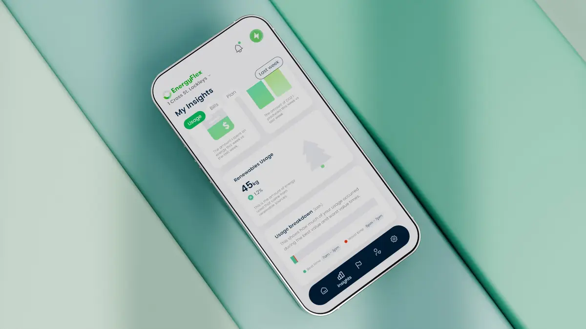 EnergyFlex mobile app showing a My Insights energy usage screen on a phone