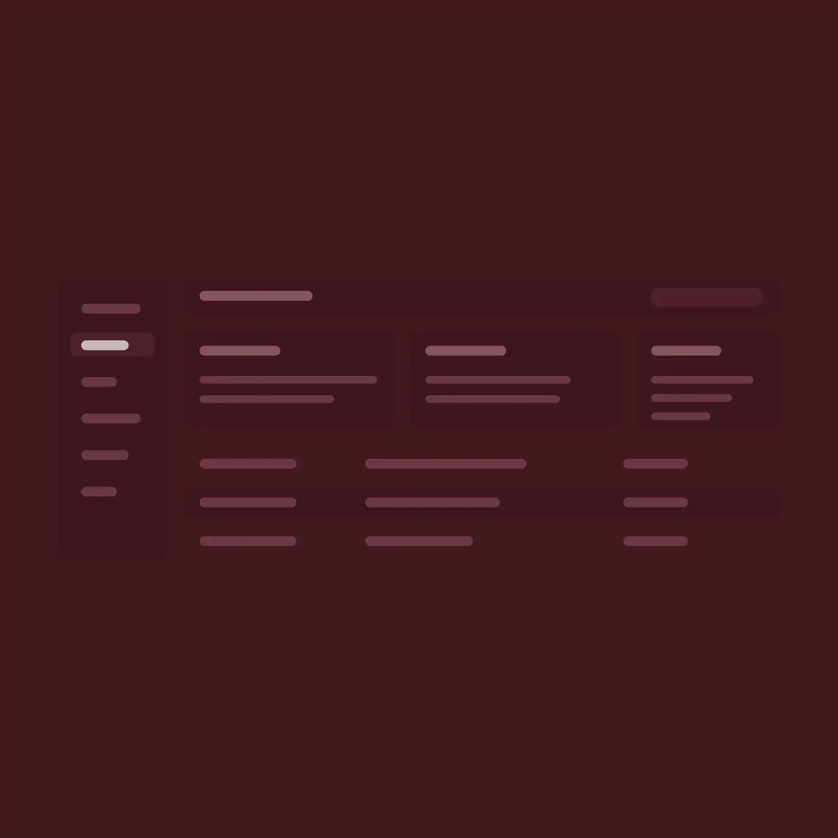 Abstract app layout with sidebar, cards and rows on a dark red background