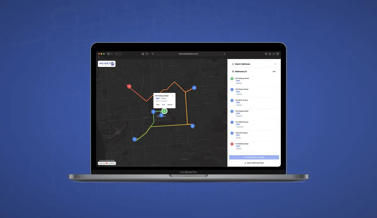 Deliver It route planner on a laptop showing an optimised Adelaide delivery map