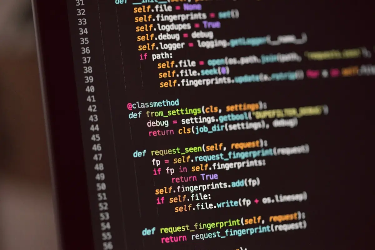 Close-up of a monitor showing syntax-highlighted Python code for a request fingerprint class