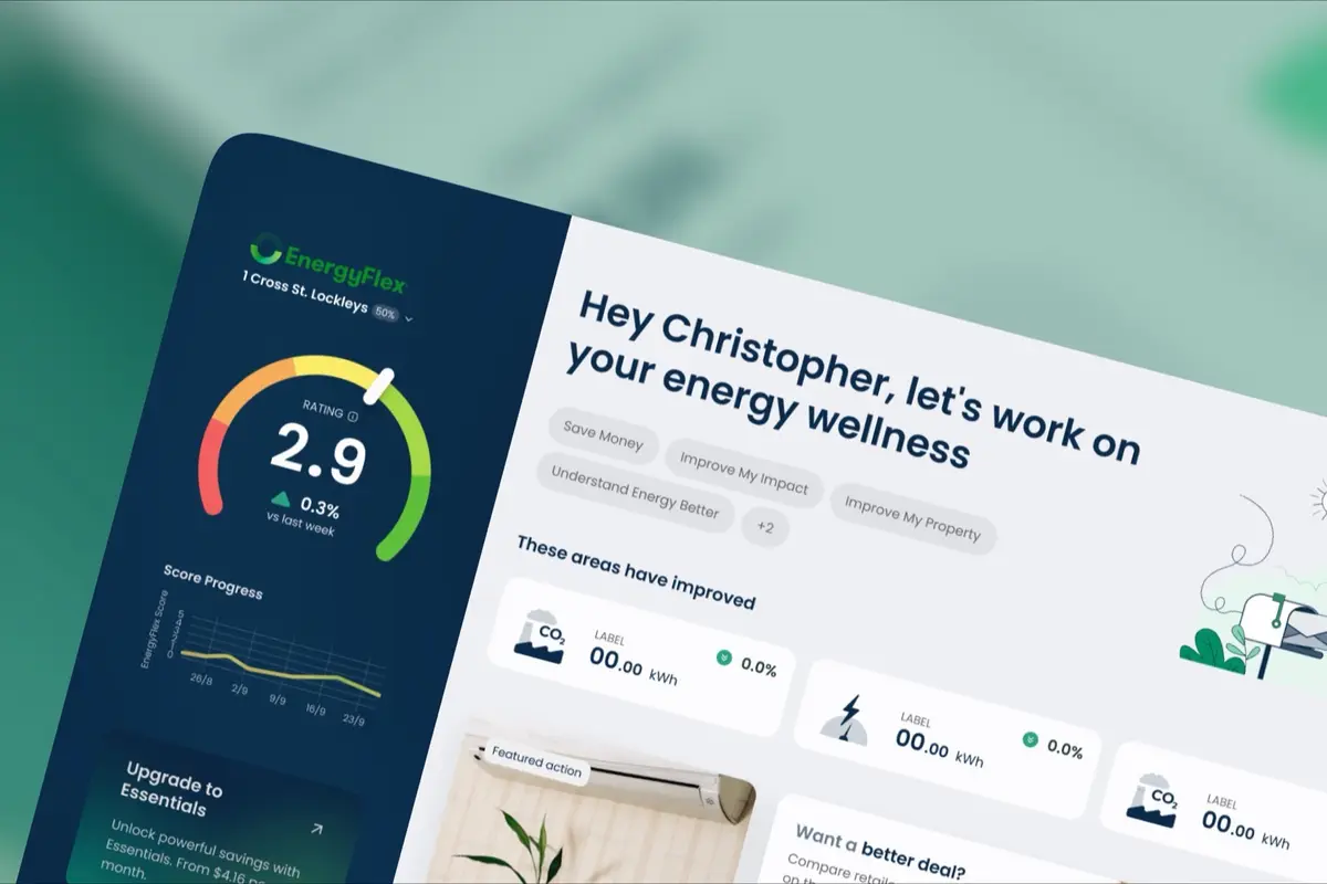 EnergyFlex dashboard greeting a user with an energy wellness rating gauge and improvement tiles