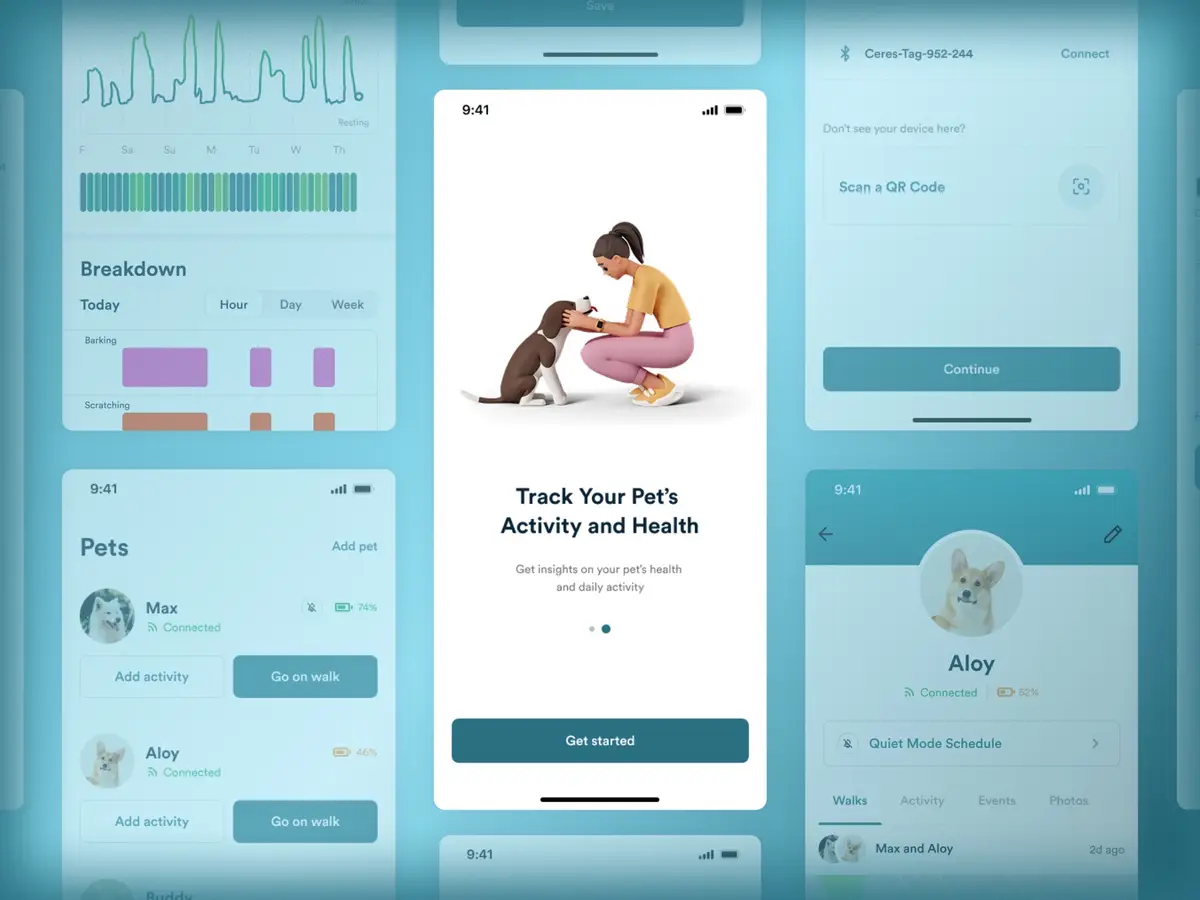 Pet activity app screens showing behaviour breakdown charts, a pet list and device pairing
