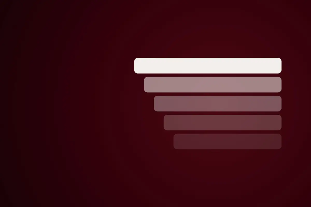 Five stacked horizontal bars fading from white to deep maroon on a dark red background