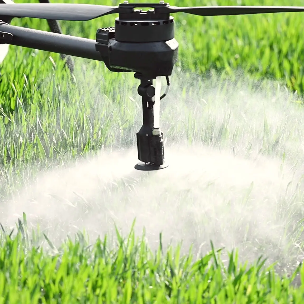 Agricultural drone spraying a fine mist over a green crop