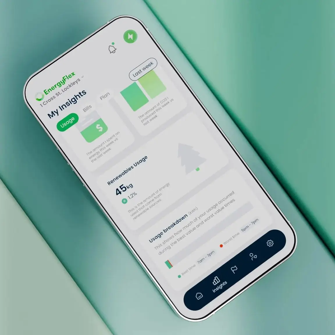 Phone showing the EnergyFlex app's My Insights usage screen on a green background