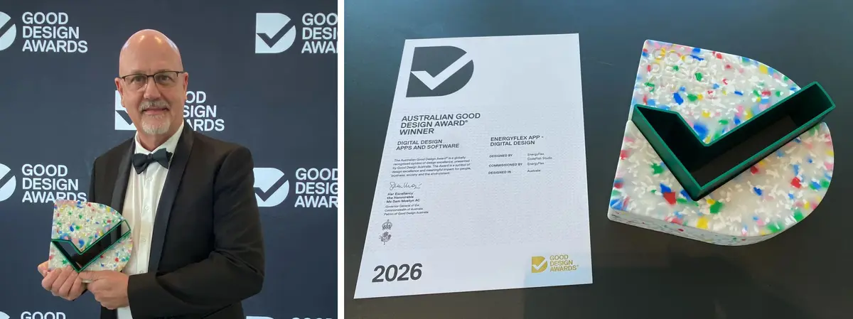 Award winner holding a Good Design Award trophy beside the EnergyFlex app certificate