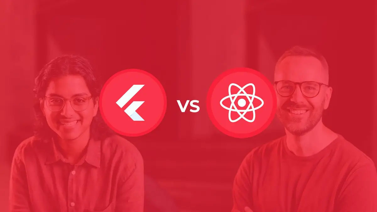 Two smiling people on a red background with Flutter and React Native logos between them