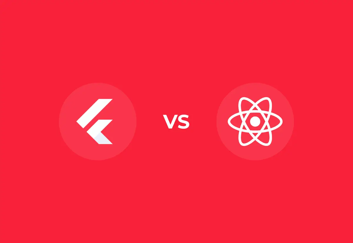 Flutter and React Native logos side by side on a red background