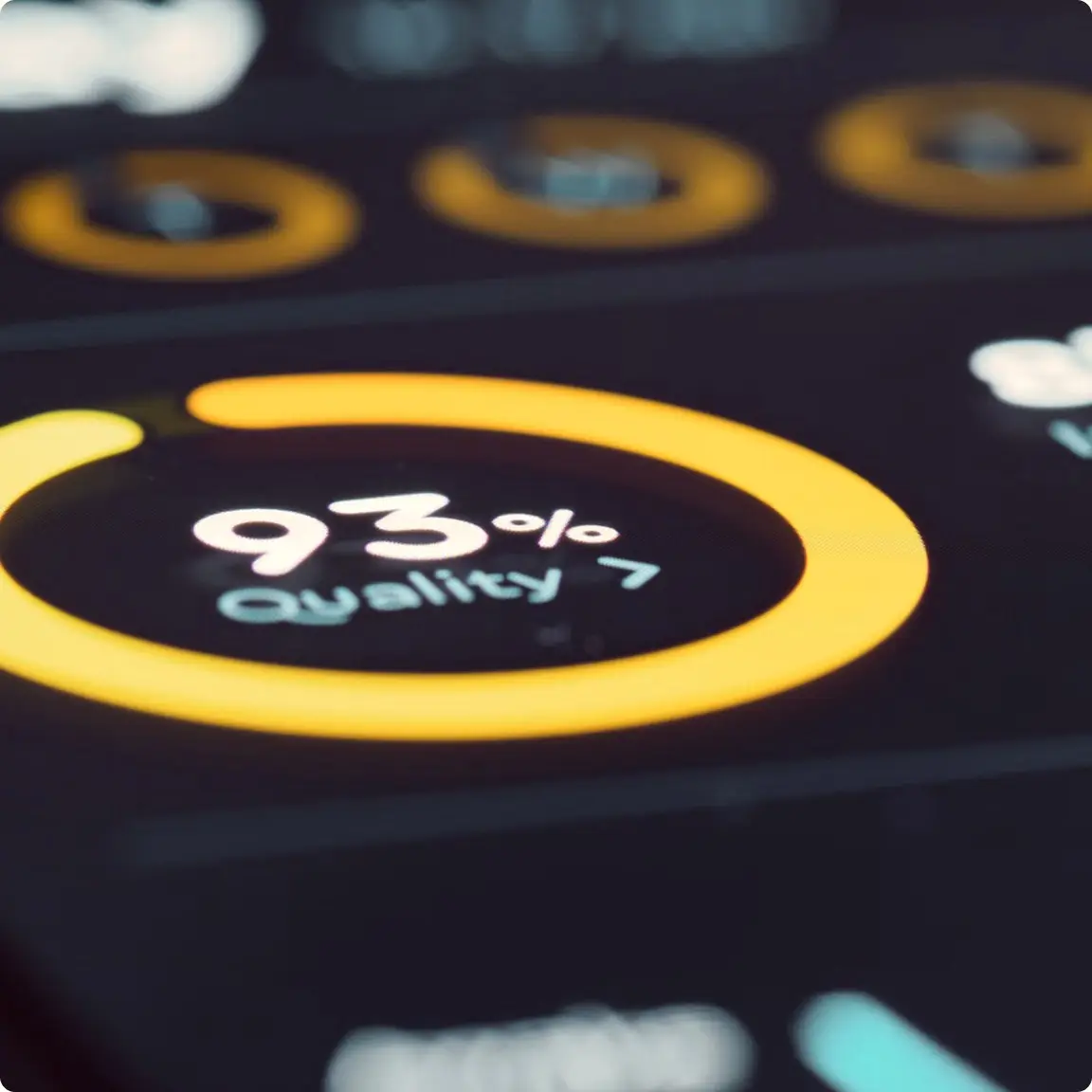 Close-up of a dashboard gauge showing a 93% quality score