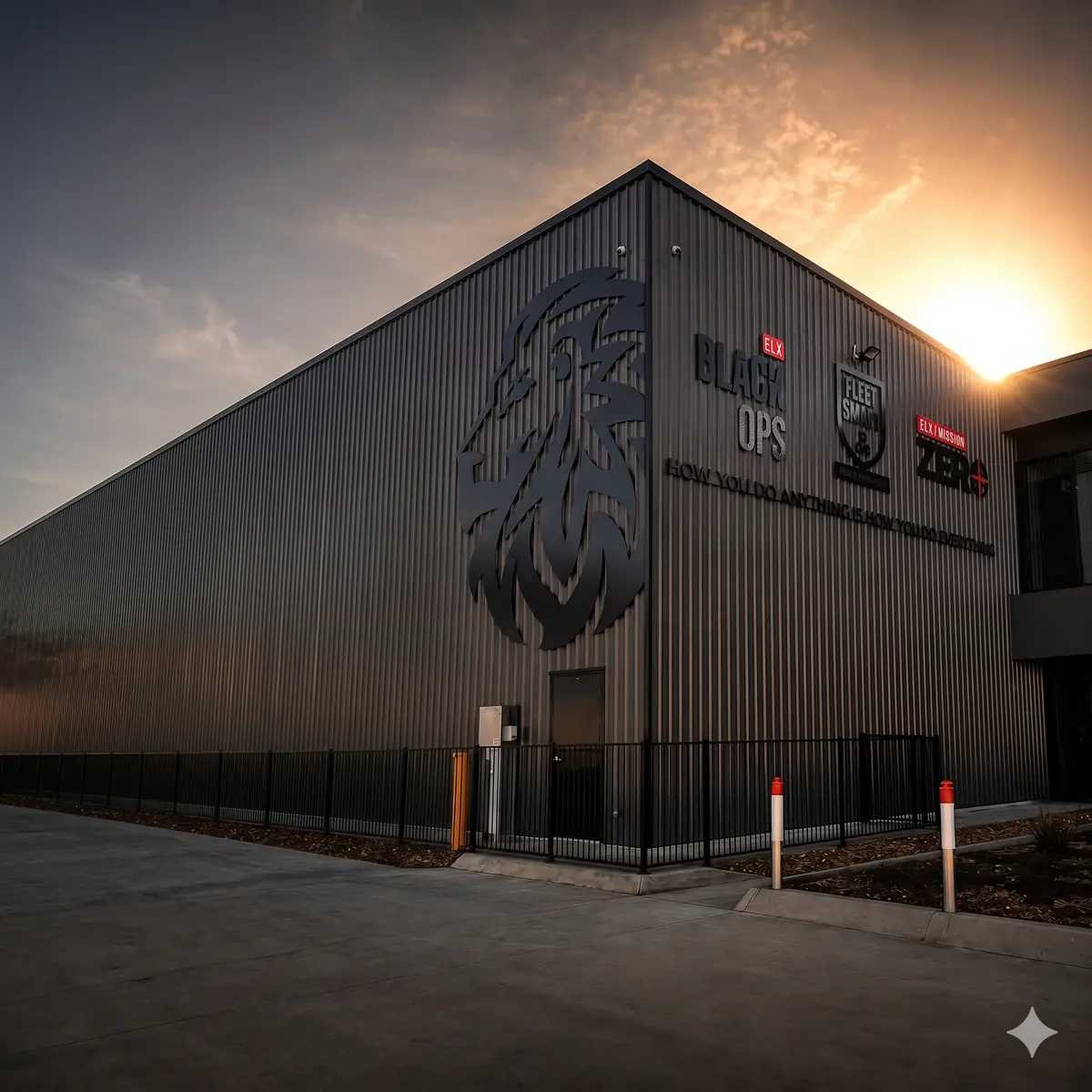 ELX Black Ops warehouse with large lion artwork and logos at sunset