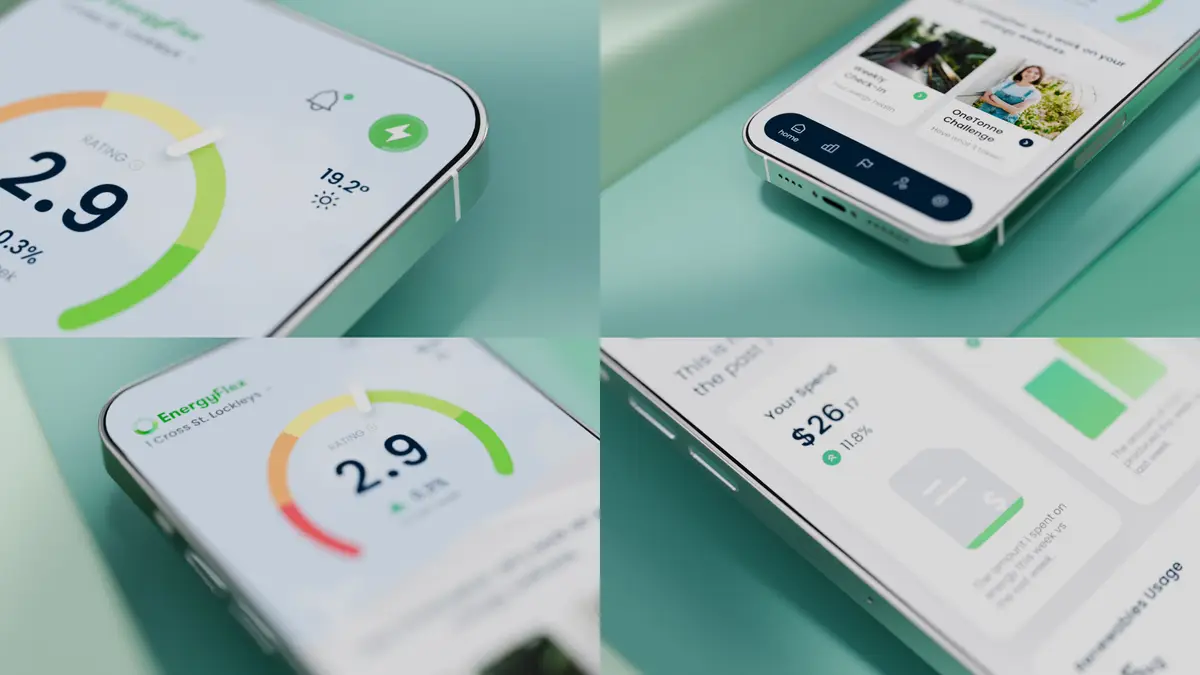 Close-ups of the EnergyFlex app on a phone showing energy rating and weekly spend