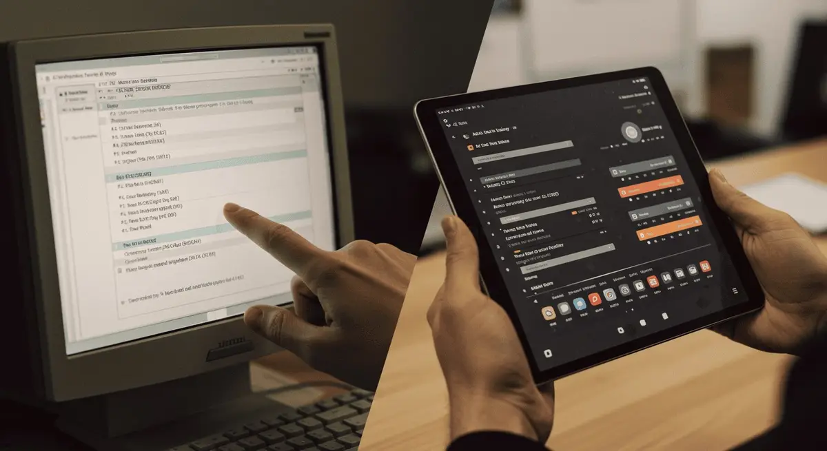Split scene: a finger on an old CRT monitor beside hands holding a modern tablet app