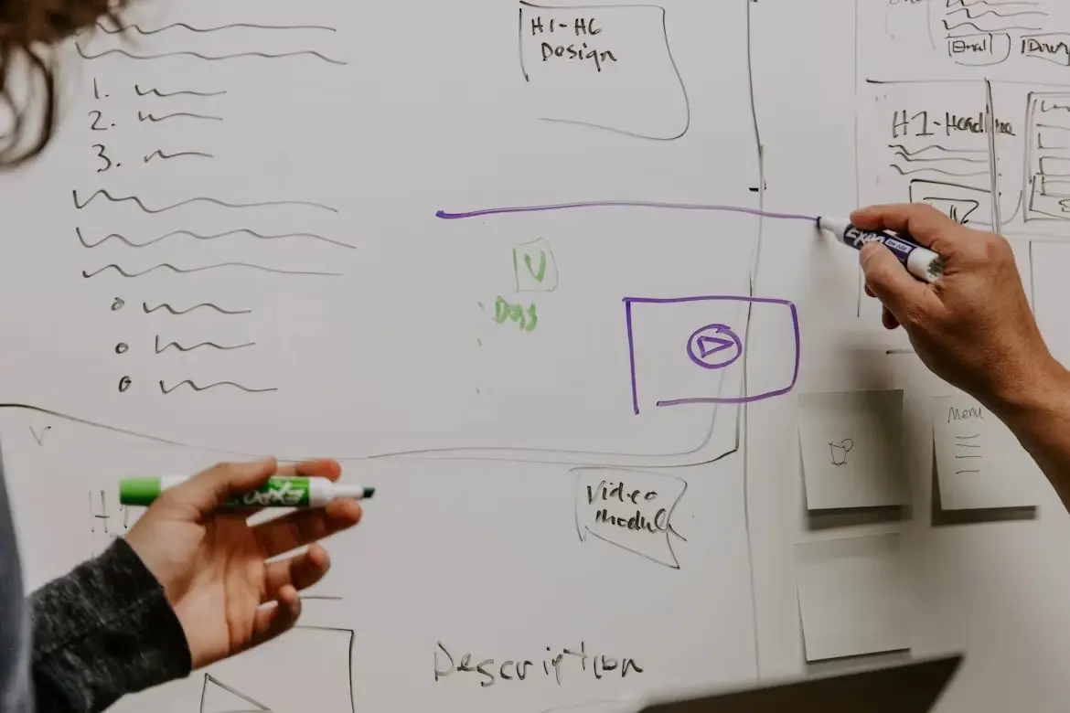Two people sketching a web page wireframe on a whiteboard with markers and sticky notes
