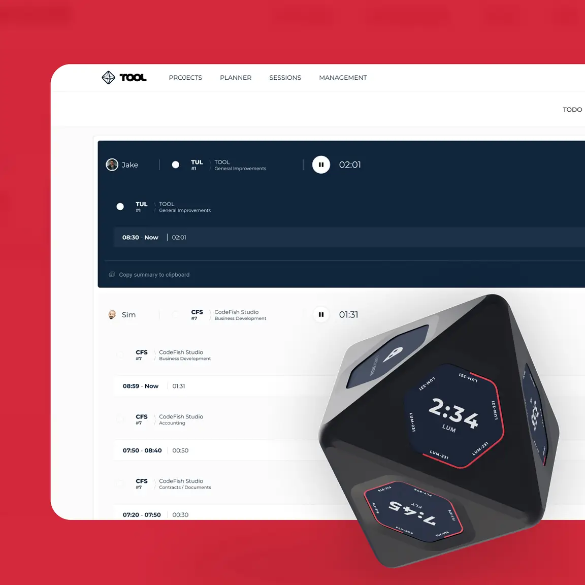 TOOL time tracking web app beside a hexagonal timer device