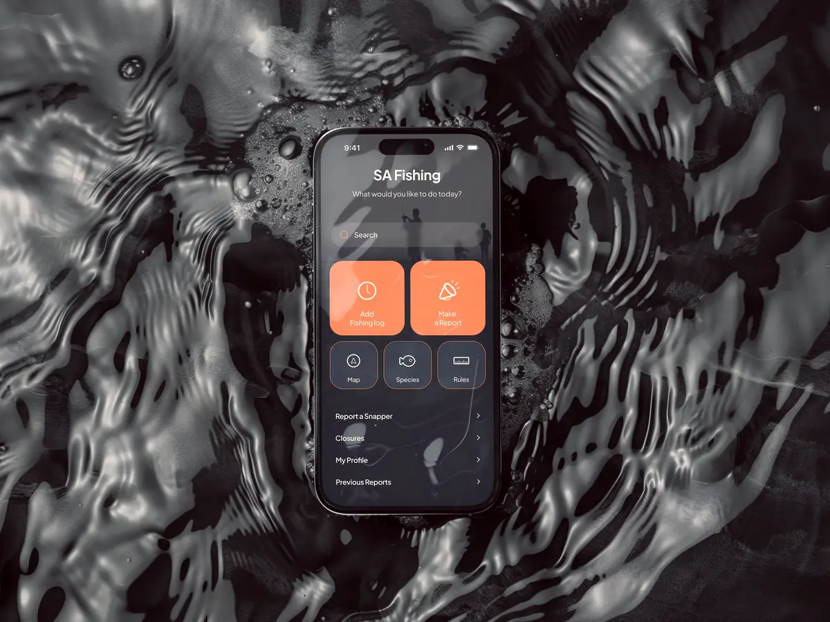 SA Fishing app home screen on a phone lying in rippling dark water
