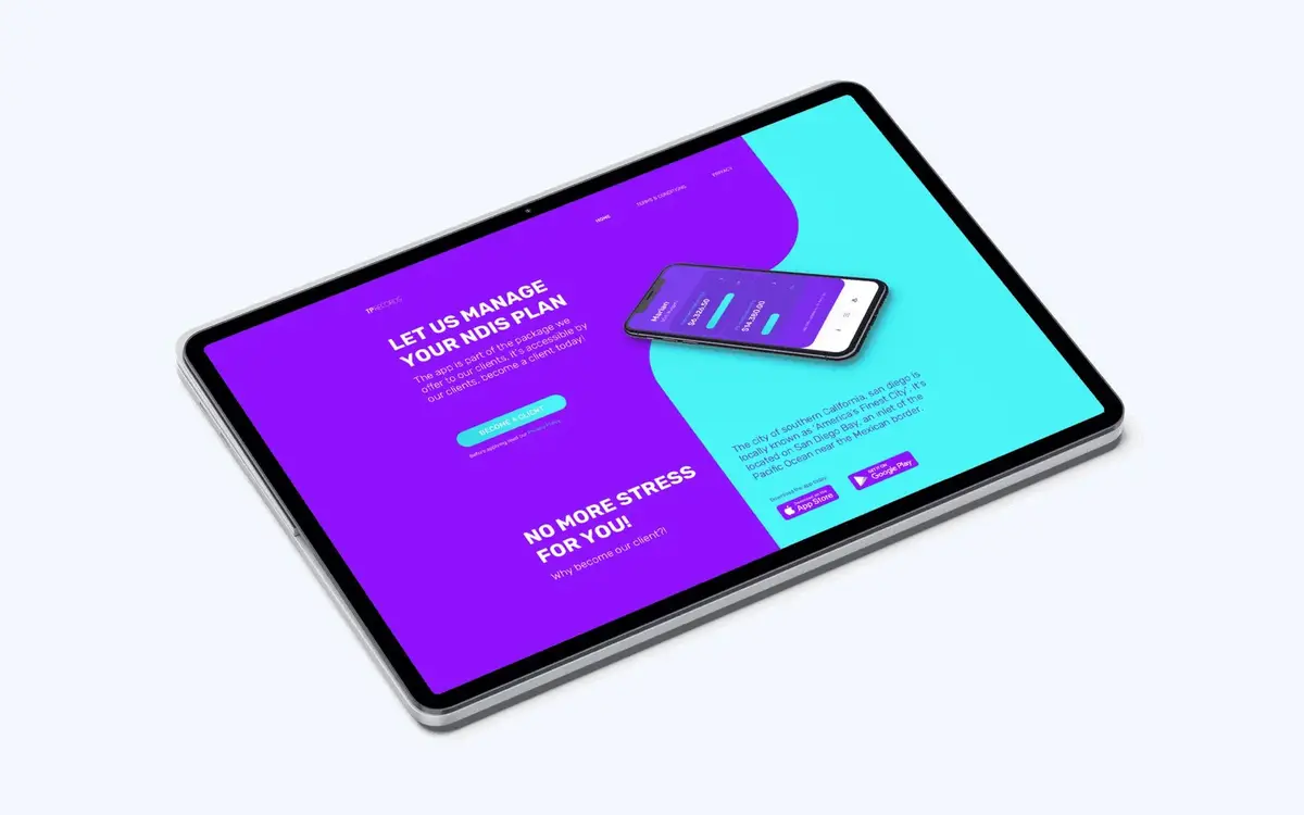 Tablet showing a purple and cyan NDIS plan management landing page
