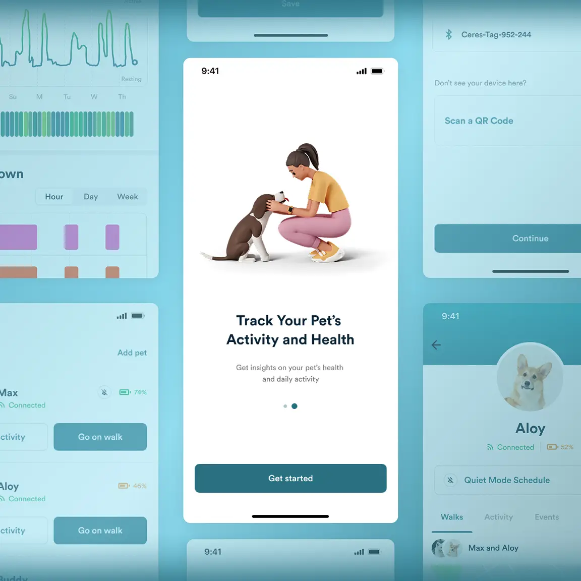Pet activity tracking app screens with a woman and dog on the welcome screen