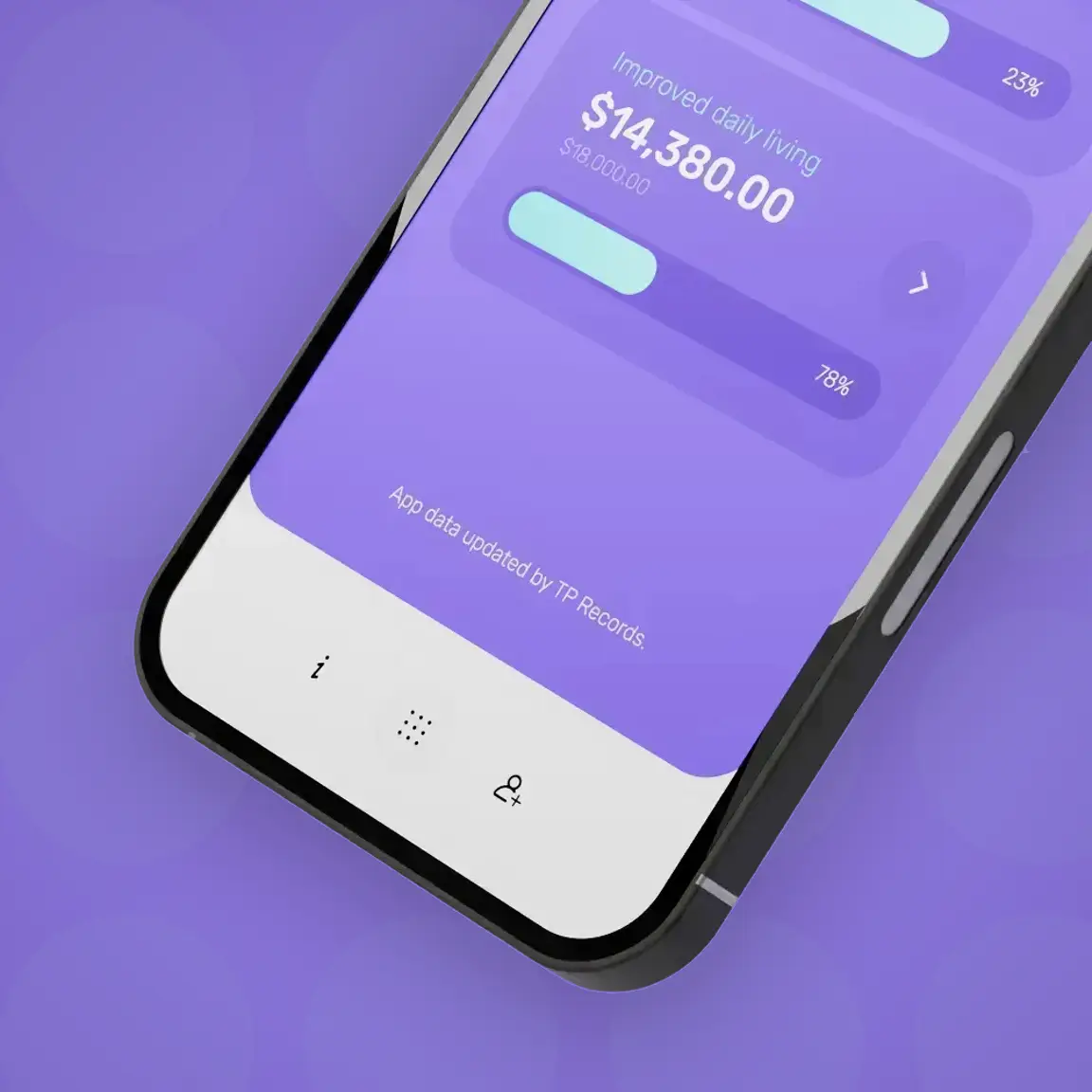 Phone screen showing a purple budget app with daily living spend
