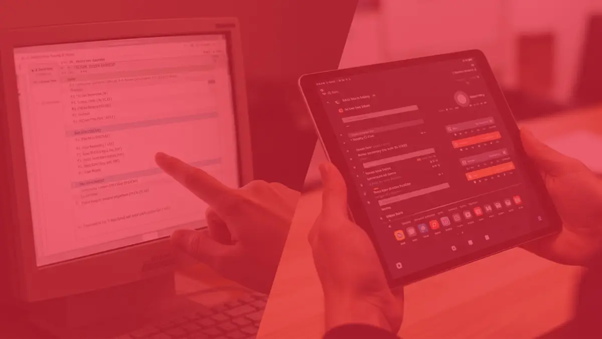 Split image of an old desktop interface beside a modern tablet app, tinted red