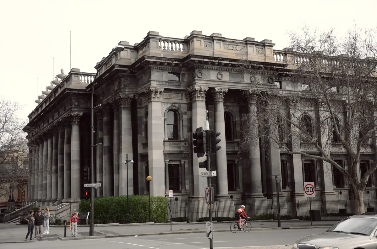 Parliament House on North Terrace, Adelaide, with its grey stone columns