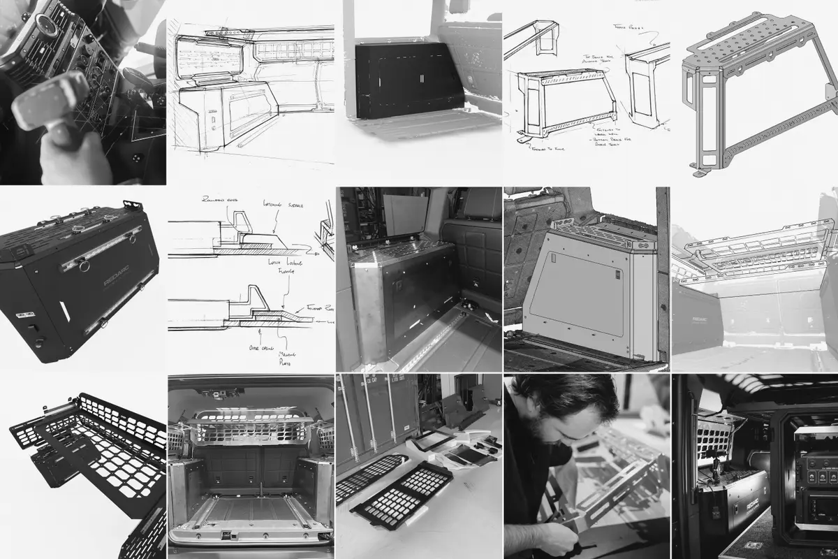 Black and white collage of sketches, CAD renders and prototypes of vehicle storage units