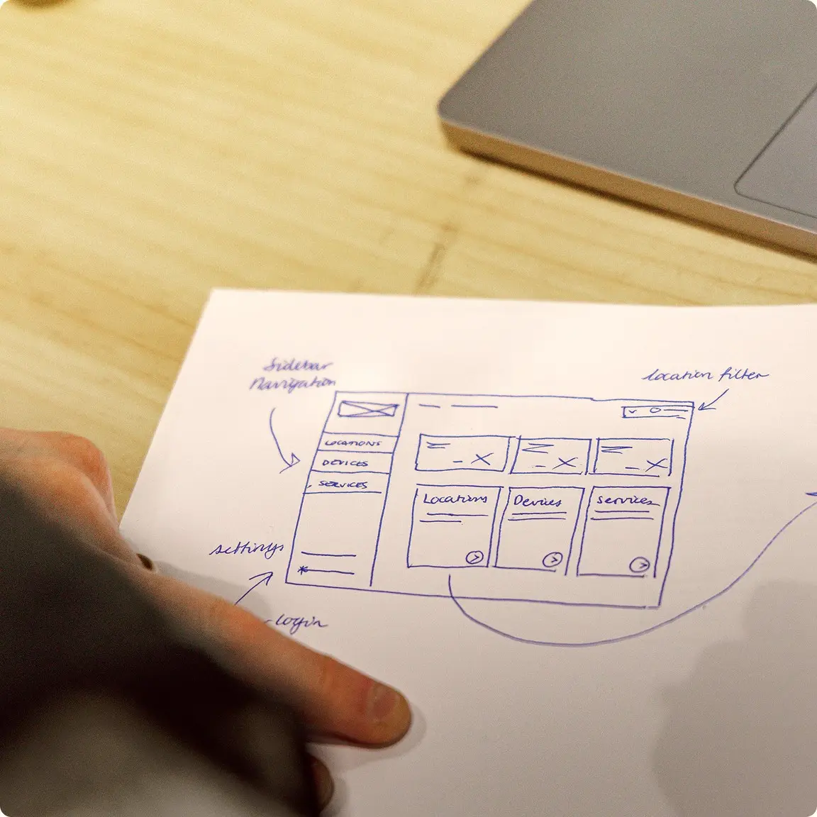 Hand-drawn wireframe sketch of a dashboard with sidebar navigation