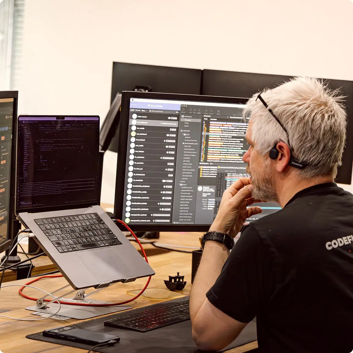 A CodeFish team member studying code and data across several monitors