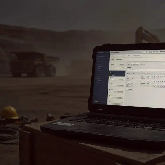 Rugged laptop showing operations software at a dusty mine site with haul trucks