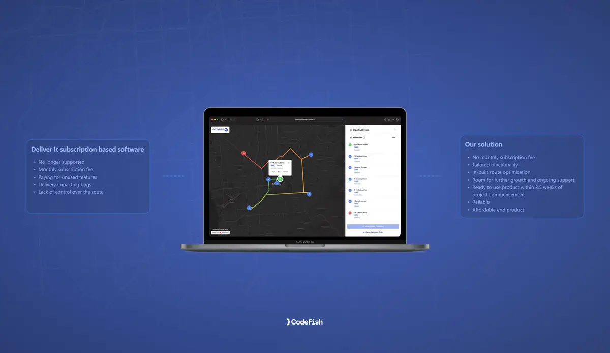 Route optimisation before and after comparison with the new app on a laptop