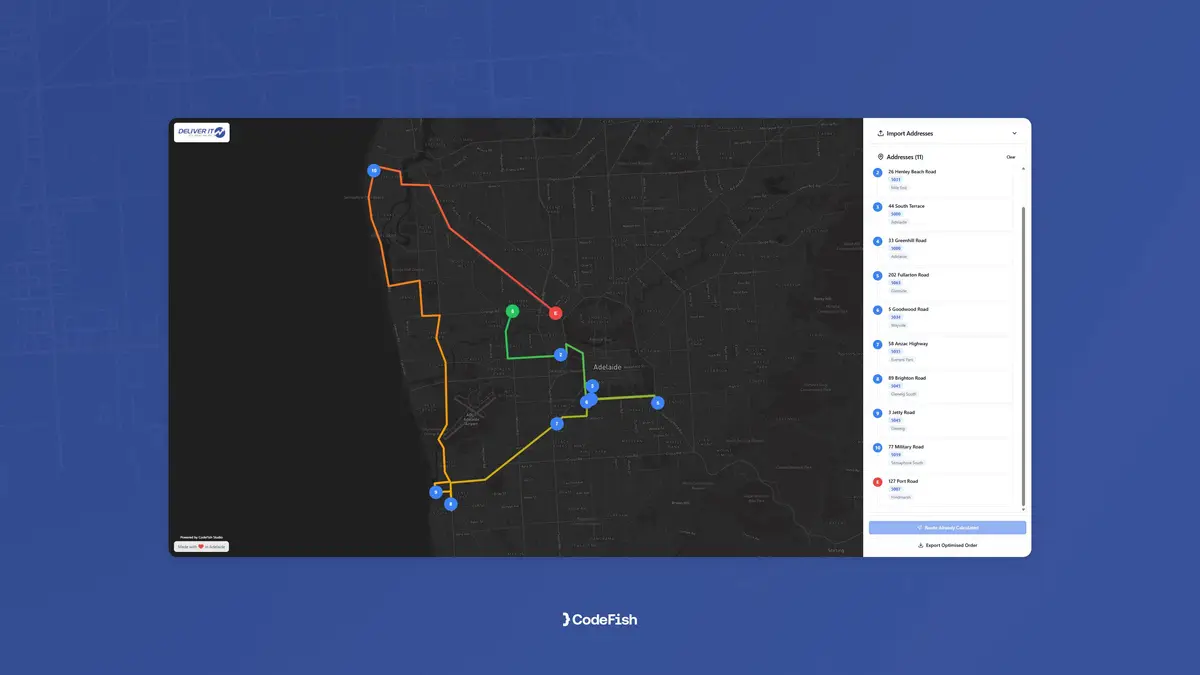 Route optimisation app showing coloured delivery routes on a dark map with stop list