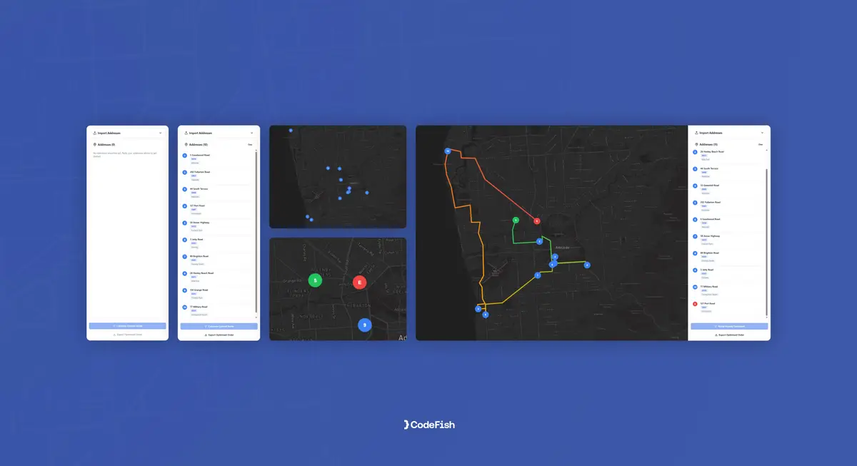 Several route optimisation app screens with maps and stop lists on a blue background
