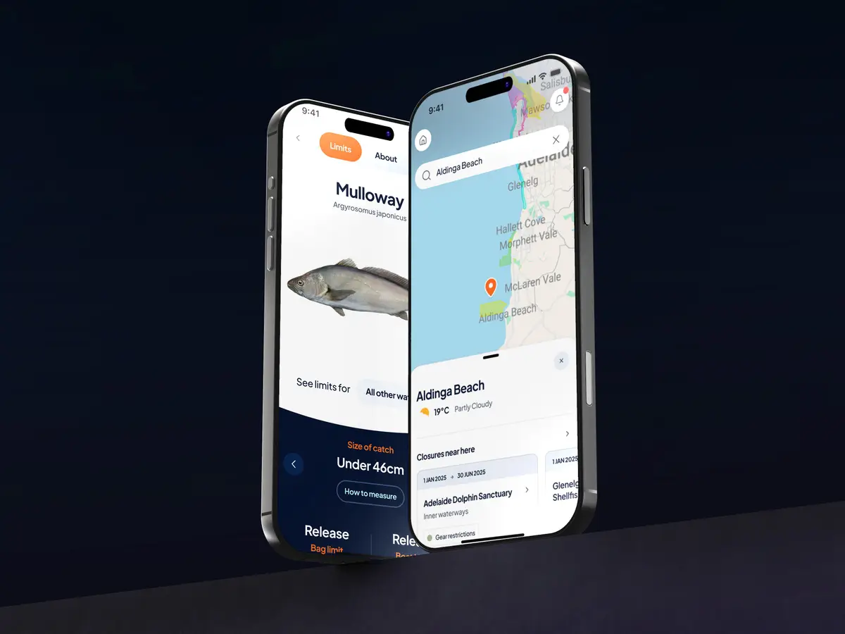 Two phones showing a fishing app with Mulloway limits and an Aldinga Beach map
