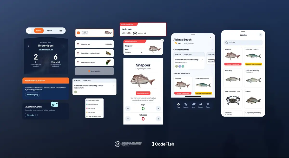 SA Fishing app screens and UI components showing fish species and catch rules