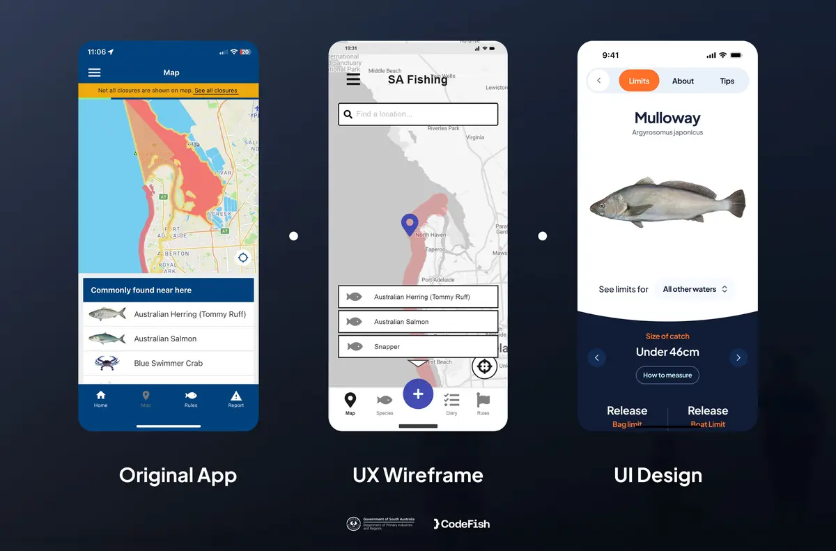 SA Fishing app progression from original app to UX wireframe to final UI design