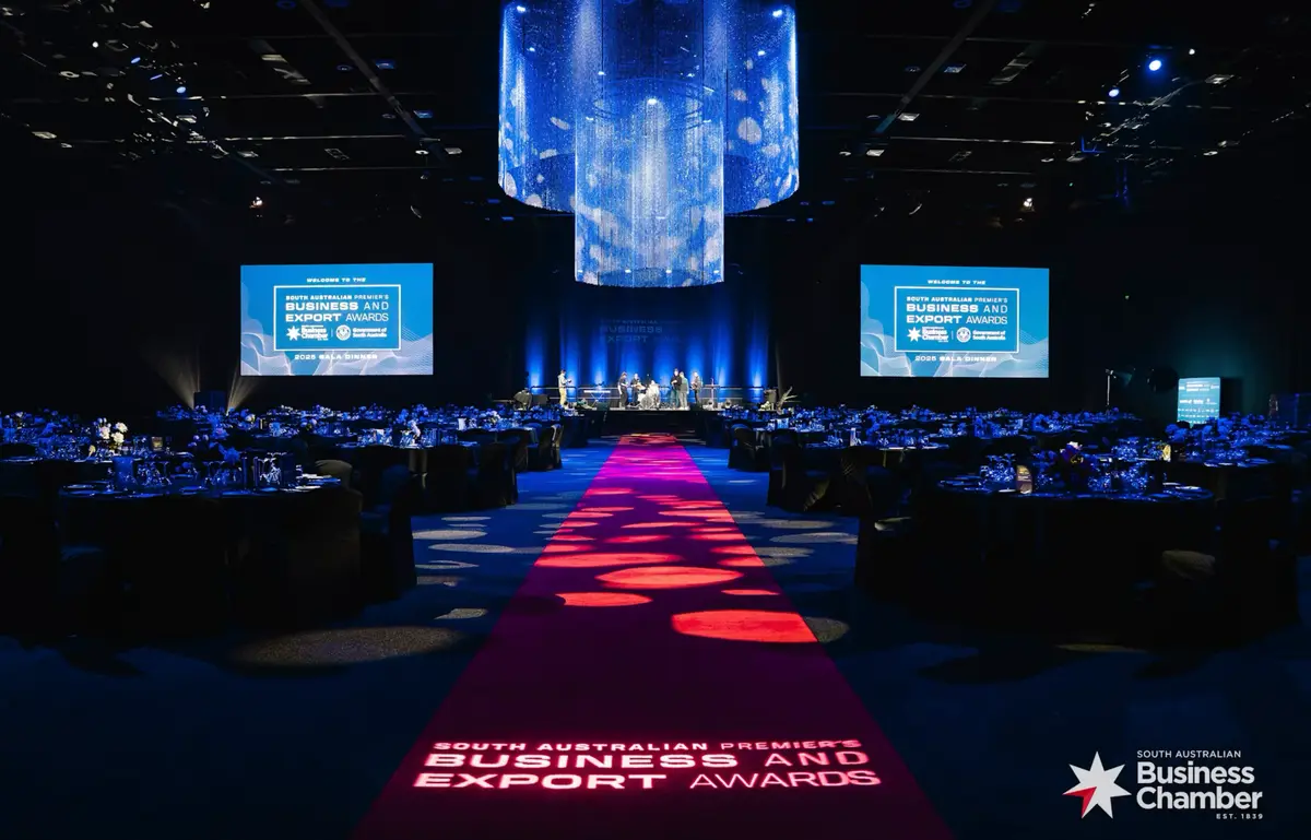 Ballroom set for the South Australian Premier's Business and Export Awards gala dinner