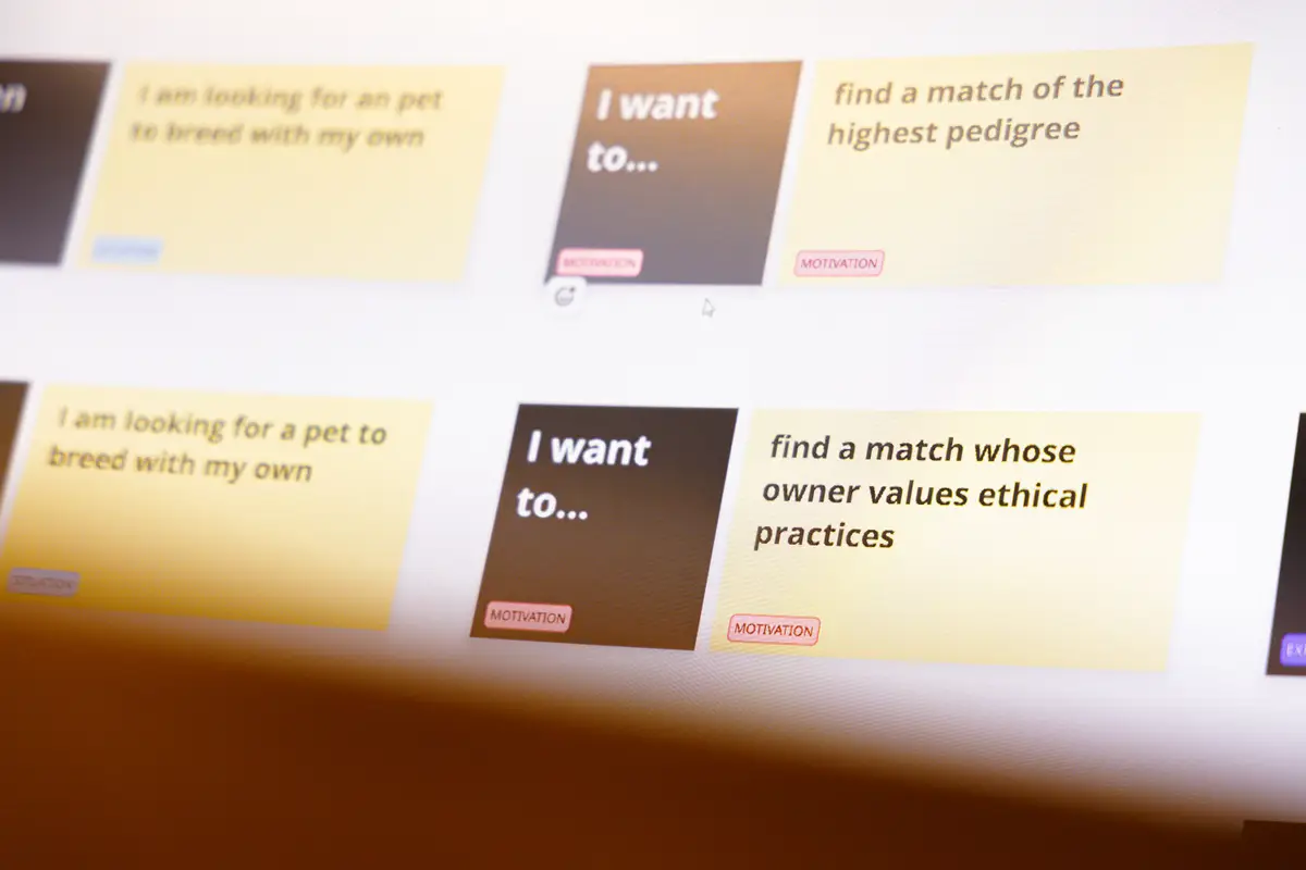 User research cards on a screen describing dog breeders' motivations