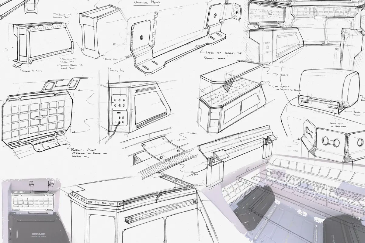 Pencil sketch iterations of vehicle storage mounts and panels for REDARC