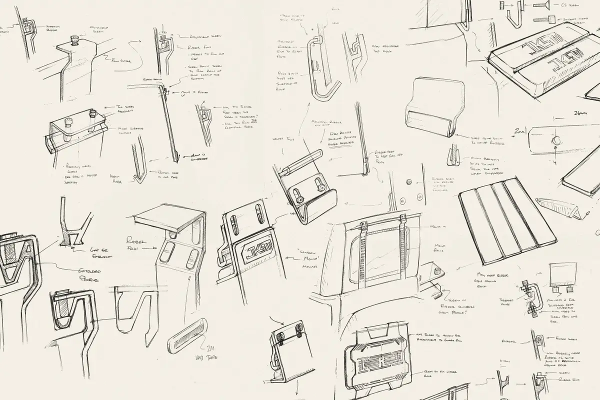 Hand-drawn concept sketches of brackets, hooks and storage parts with notes