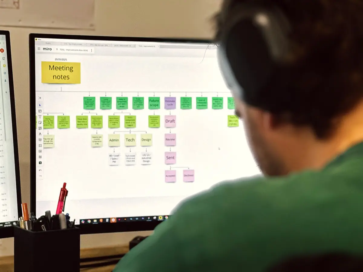 A CodeFish team member reviewing a Miro meeting notes flowchart on a monitor